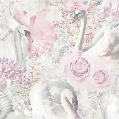 Glitter Swans Wallpaper Pink White Silver Damask Floral Textured Cygnet Holden • £14.99