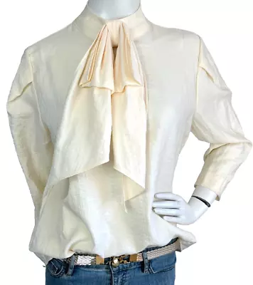 NWT Zara Pussy Bow Blouse Hammered Puff Shoulder 3/4 Sleeve Pull-Over Ivory L • $34.95