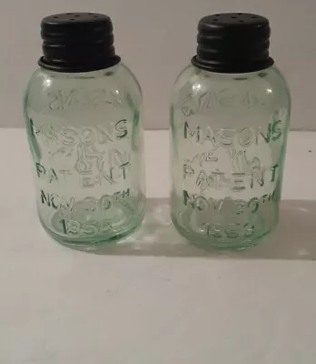 Embossed Green Mason Jar Glass Salt And Pepper Shakers • $5.12