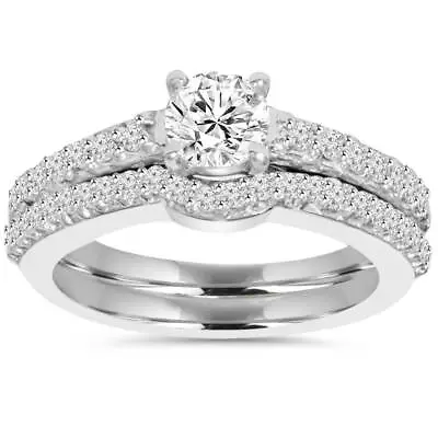 £954.42 • Buy 1ct Pave Diamond Engagement Wedding Matching Ring Set 14K White Gold Round Cut