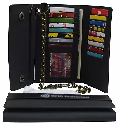 RFID Blocking Mens Tri-fold Long Style Crazy Horse Leather Steel Chain Wallet • $34.99