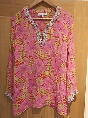 £14.95 • Buy ELIZABETH HURLEY BEACH Floral Silk Embellished Tunic Top M (UK10) Holiday Kaftan