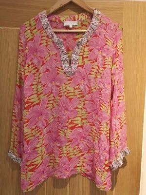 £14.95 • Buy ELIZABETH HURLEY BEACH Floral Silk Embellished Tunic Top M (UK10) Holiday Kaftan