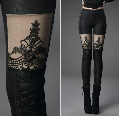 Punk Rave Thick Winter Macbeth Wet Look Gothic Leggings With Lace Panel K-244  • £40