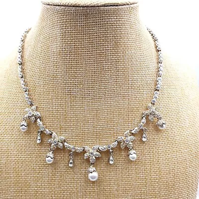 Vtg Silver Tone Rhinestone Chain Floral Beads Pearls Cluster Look Collar Necklac • $12.95