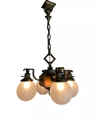 Antique Arts & Crafts Mission Four Light 1910's Brass Fixture • $895