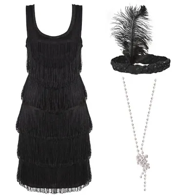 1920's Deluxe Black Flapper Dress Fancy Dress Costume Adults Charleston Gatsby • £14.99