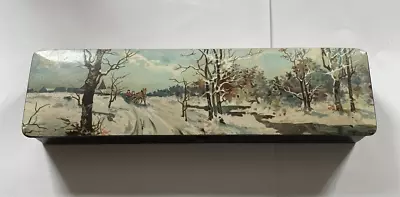 Antique Wooden Lacquer Pencil Box Winter Scene Painting Hinged Divided • $29