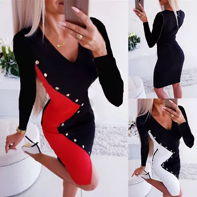 $21.37 • Buy Women's V-Neck Long Sleeve Bodycon Dress Ladies Cocktail Party  Slim Fit Dress