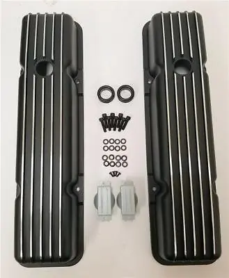 Retro Small Block Chevy Finned Aluminum Short Valve Covers BLACK SBC 305 350 400 • $79.95