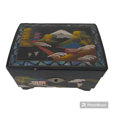 Vintage Japanese Musical Jewellery Box Handpainted Black Multi 1950s Antique • £22.50