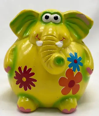 Vintage Round Elephant Piggy Bank Vibrant Yellow Ceramic W/Stopper Flowers *Read • $12.99