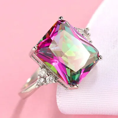 Special Price Super Square Rainbow Mystic Fire Topaz Gems Silver Ring Size 6-10 • $6.95