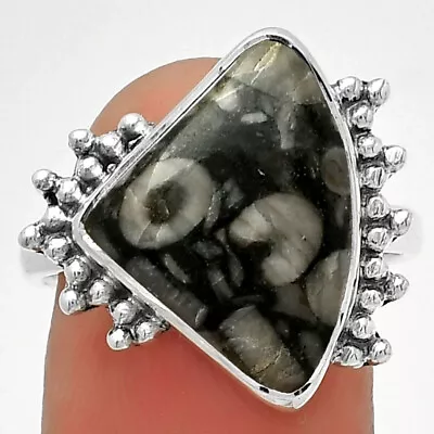 Natural Crinoid Fossil Coral 925 Sterling Silver Ring S.8.5 Jewelry R-1223 • $12.49