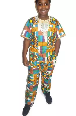 Boys African Kente Print Dashiki Embroidered Shirt And Trouser Set 13-15yrs • £22