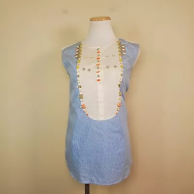 J Crew Jeweled Rhinestones Oxford Sleeveless Blue Striped Top Blouse Size 2 • $14.99