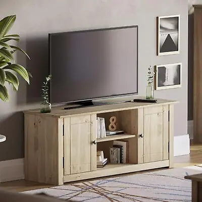 TV Stand Cabinet Unit Solid Pine Wood Wax 2 Door Display Entertainment Table • £70.99