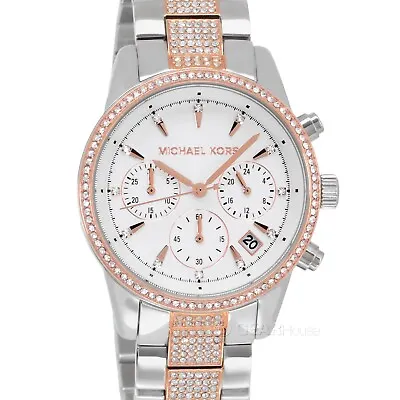 Michael Kors Ritz Womens Pave Glitz Watch Two-Tone Silver Rose Gold Crystals • $117.08