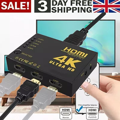 4K HDMI Switch Switcher 5 Port Splitter Hub IR Remote For HDTV PS3 5 In 1 Out UK • £6.94