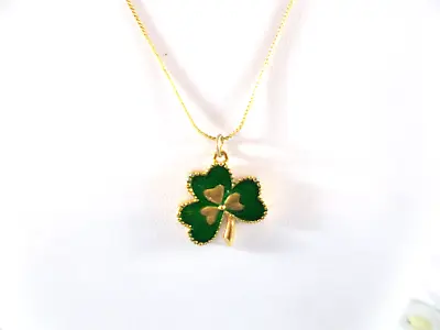 Gold Tone Green Enamel Shamrock Three Leaf Clover Pendant Necklace Free Shipping • $12