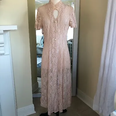 Vtg Dawn Joy Maxi Dress Medium Pink Chantilly Lace Keyhole Padded Shoulders Read • $37.50