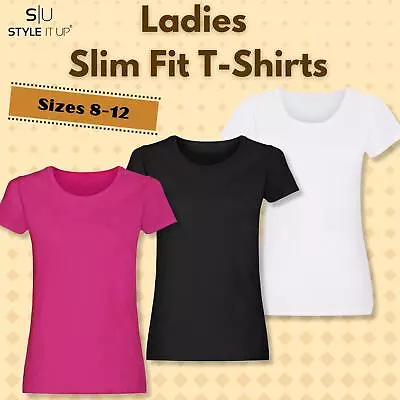Ladies Plain Short Cap Sleeve T-Shirt Womens Slim Fit Crew Neck Tee Sizes 8-12 • £11.99