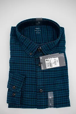 M&S Dark Blue 100% Cotton Check Pattern Shirt RRP £25 • £12.99
