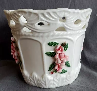 Bloom Rite White Porcelain Planter With Pink Ceramic Roses Vintage • $13.99