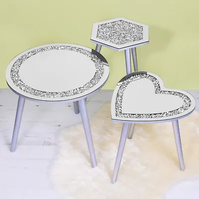 £24.95 • Buy Mirrored Glass Sofa Side End Table Heart Hexagon Round Coffee Tables Silver Grey