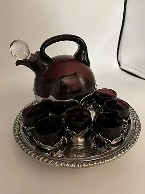 Vintage Farber Bros Decanter With Stopper And 6 Cordial Shot Glasses Purple • $125