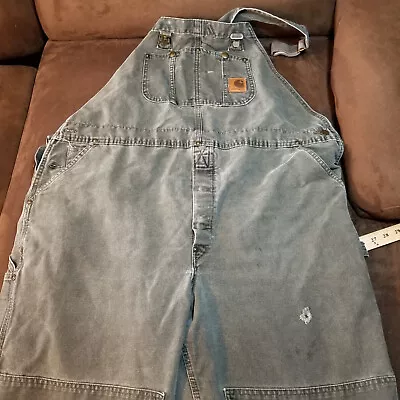 Vtg Carhartt Double Knee Mens Overalls 46x30 USA Made Faded Mos • $95