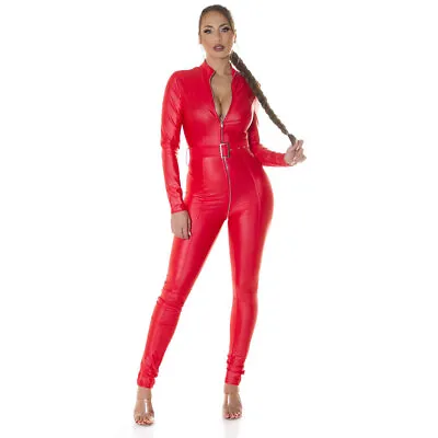 £49.95 • Buy Leather Look Catsuit Jumpsuit Long Sleeved Full Crotch Zip Belted KouCla - Red