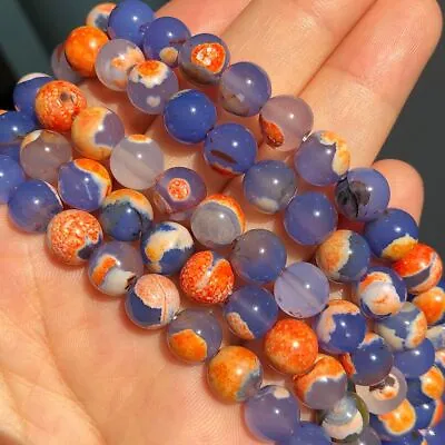 Natural Stone Orange Blue Fire Agates Onyx Round Loose Beads For Jewelry Making • $17.42