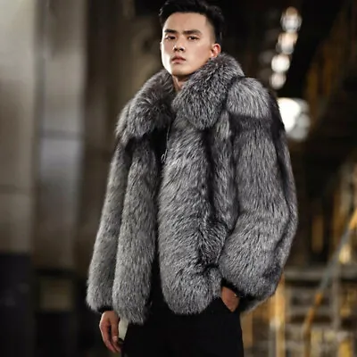 Mens Faux Fur Coats Short Warm Faux Fox Fur Jackets Fur Trim Overcoats Outwear • $81.78