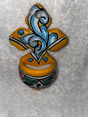 Vintage Terracotta Mexican Pottery Cross Holy Water Font Folk Art Wall Hang • $18