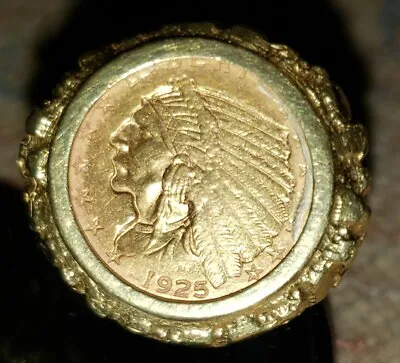 18K Gold Men's 22 MM NUGGET COIN RING W/a 22 K 1925 US $2.50 Coin -FREE SHIPPING • $2999