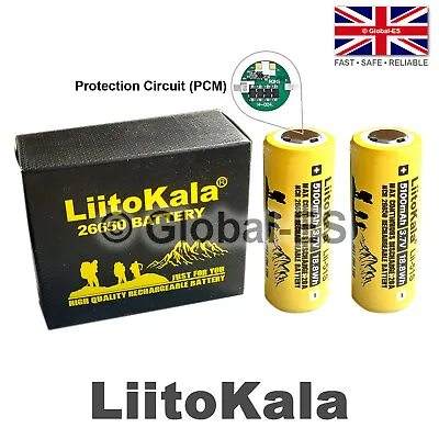 2pcs Protected LiitoKala 26650 Lii-51S Li-Ion Flat Top Battery - 3.7V 5100mAh • £17.99