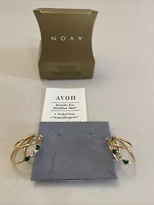 Vtg Avon Sparkle Ring Hoop Pierce Earrings Sim Emerald Crystal SS Boxed NOS 1997 • $3.99