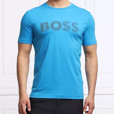 NWT HUGO BOSS Cotton-Jersey T-Shirt With FINELINE LOGO ARTWORK Blue L / XL / XXL • $33.95