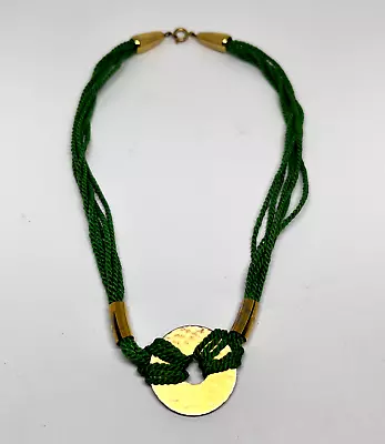 Vintage Green Cord Choker Satin Gold Plate Disk Necklace  14 In • $1.99