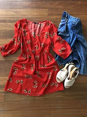 $20 • Buy DOTTI Red Floral Long Sleeve Shift Dress Sz 8