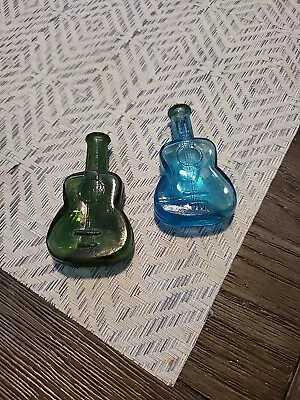 2 VINTAGE MINIATURE GREEN And BLUE GLASS GUITAR BOTTLES 3  Wheaton Made • $5