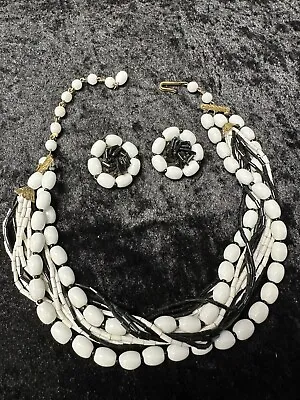 Vintage Austria Necklace Earrings Set Costume Jewelry Wire Construction B & W • $10