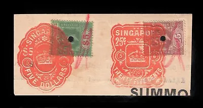 Straits Settlements KGV 25c & $5 Fiscally Used In Singapore. • $3