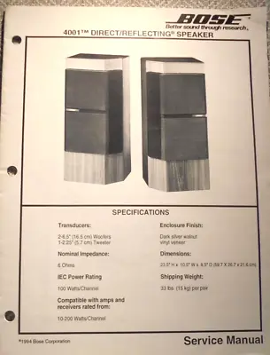 BOSE 4001 Direct/Reflecting  Speaker  Service Manual • $5.99