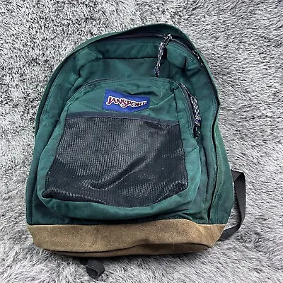 Vintage Jansport Leather Bottom Backpack Suede Green Double Compartment • $41.13