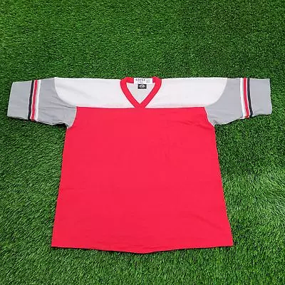 Vintage 90s Colorblock Jersey-Style Knit Mesh Shirt L-Short 22x25 Gray Red USA • $28.77