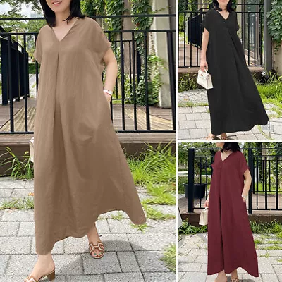 ZANZEA Women Summer V-Neck Short Sleeve Holiday Casual Loose Kaftan Long Dress • $24.69