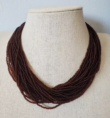 Vintage Multi Strand Brown Glass Seed Bead Necklace Interlocking Clasp 18.5  • $20