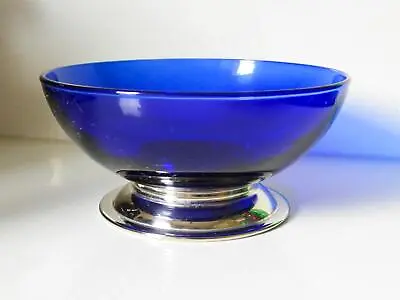 Bristol Blue Glass Round Serving BOWL On Silver Plated Footed Stand • $45